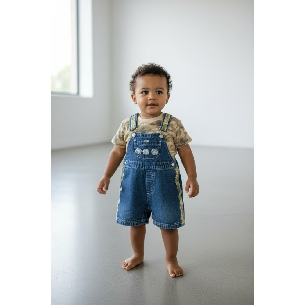 Vintage GREENDOG Blue Denim Overall Shorts With Camo T Shirt Size 18 Mo